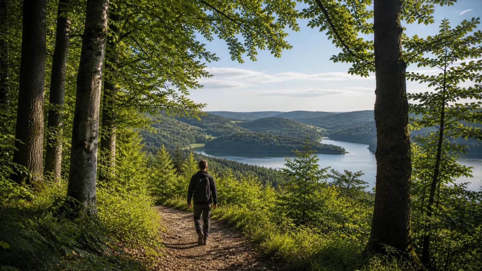 Wanderer auf einem Waldweg mit Blick über einen See im Königsforst